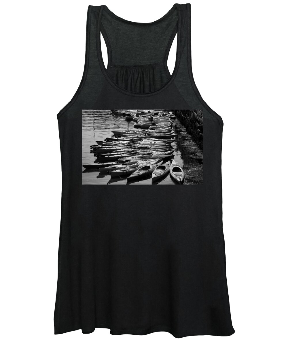 Kayaks Women's Tank Top featuring the photograph Kayaks at Rockport Black and White by Natalie Rotman Cote