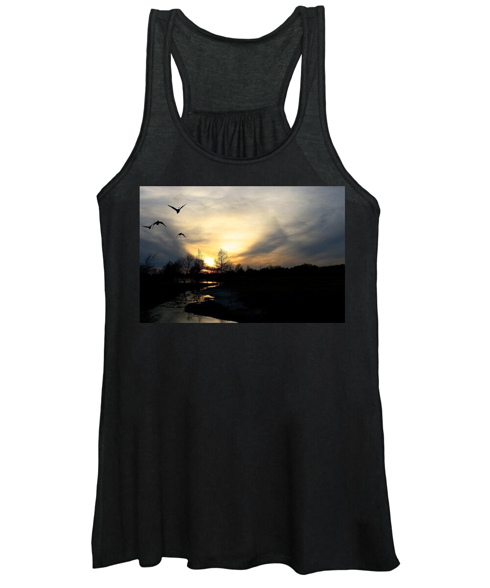 Ducks Women's Tank Top featuring the photograph Mallards Silhouette at Sunset by Jeff Mize