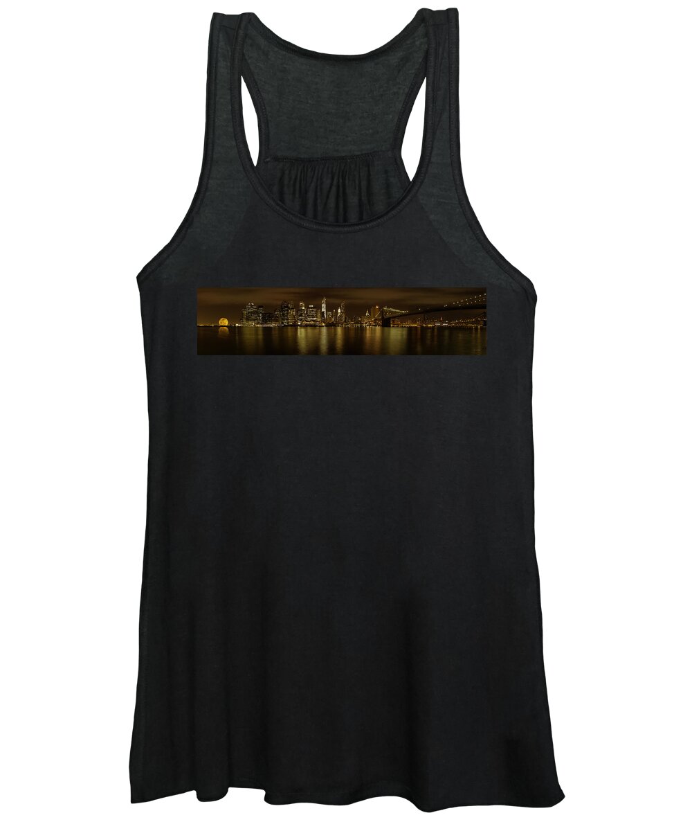 Brooklyn Women's Tank Top featuring the photograph Manhattan from Brooklyn with the Brooklyn Bridge and full moon by Angela Stanton