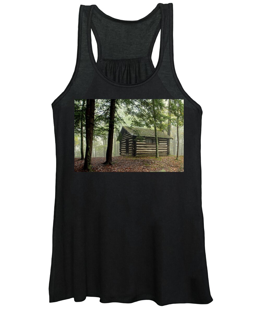 Log Cabin Women's Tank Top featuring the photograph Misty Morning Cabin by Suzanne Stout