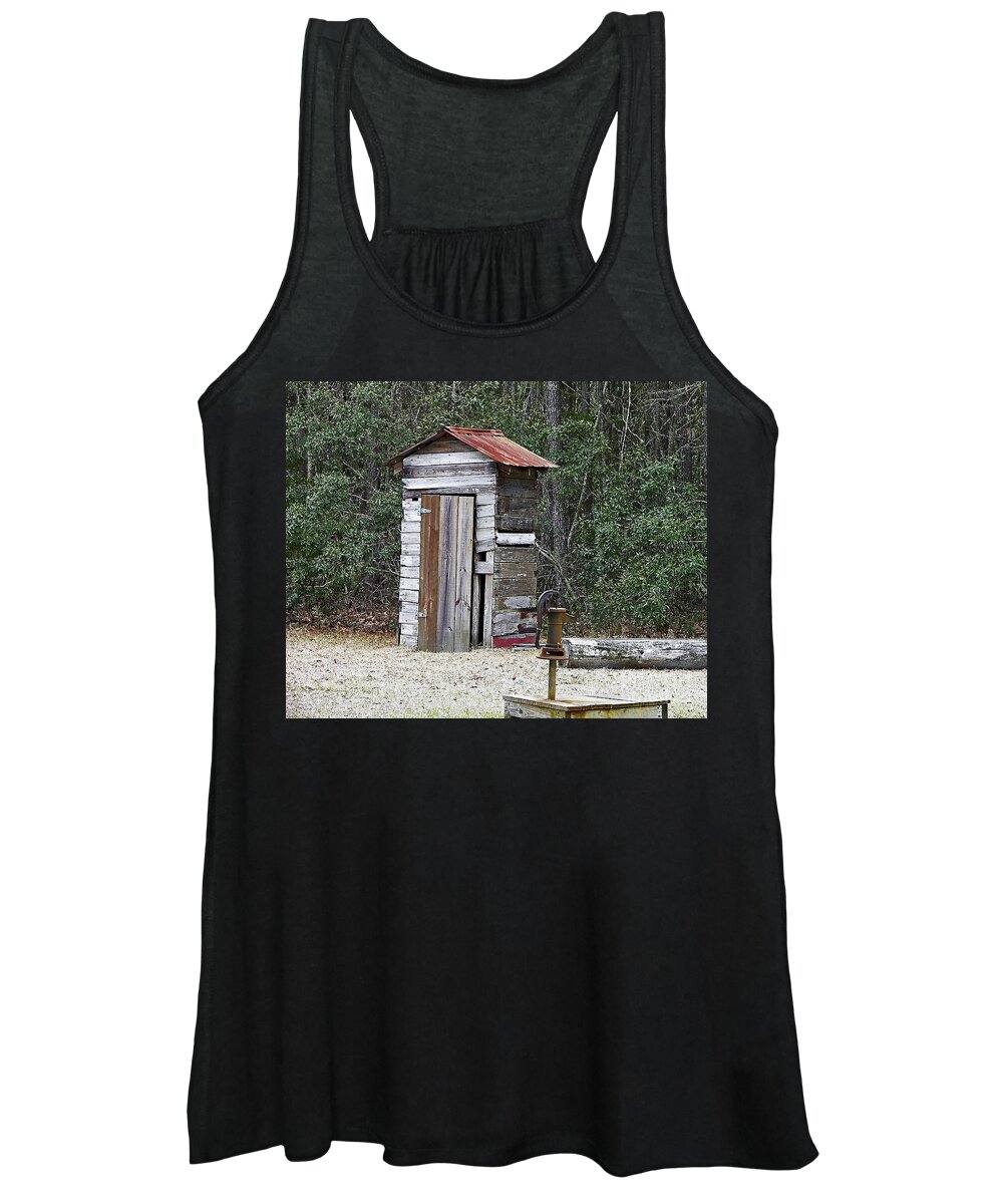 Outhouse Women's Tank Top featuring the photograph Old time Outhouse and Pitcher Pump by Al Powell Photography USA