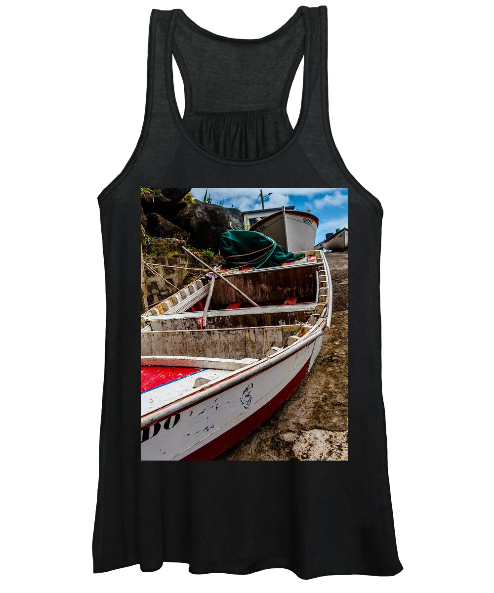Beach Women's Tank Top featuring the photograph Old wooden fishing boat on dock by Joseph Amaral