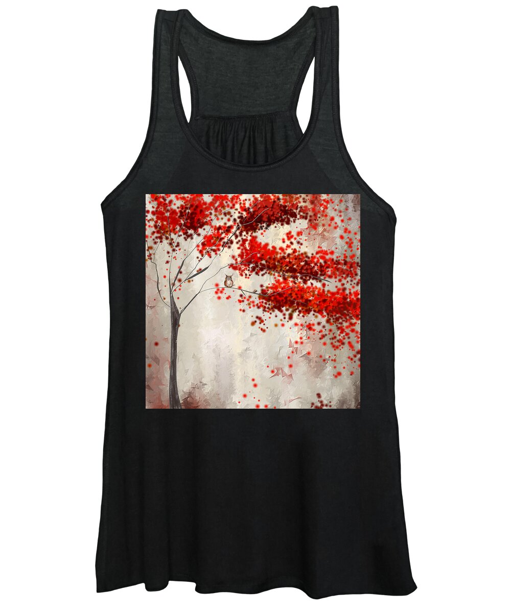 Gray And Red Art Women's Tank Top featuring the painting Owl In Autumn by Lourry Legarde