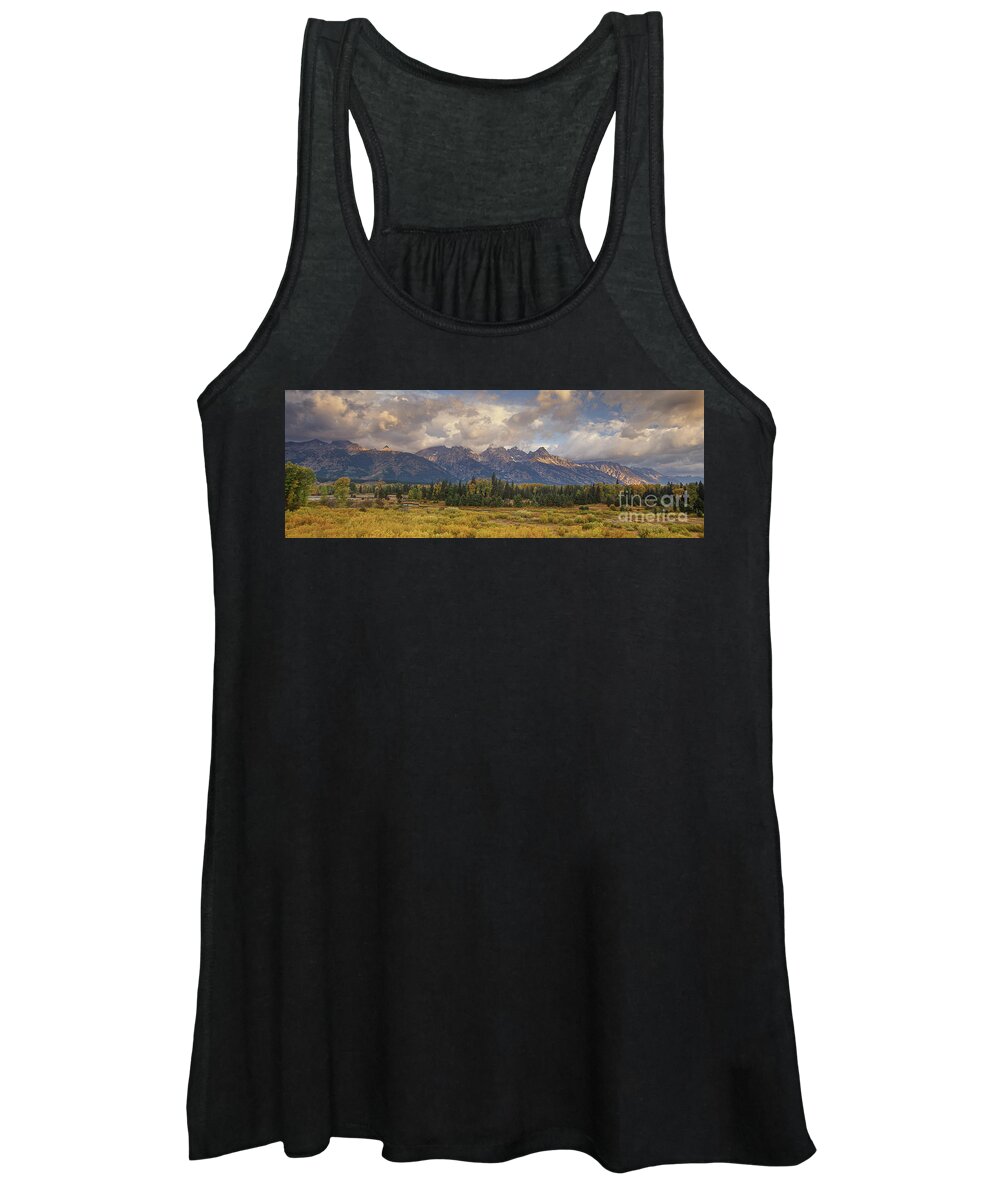 North America Women's Tank Top featuring the photograph Panaroma Clearing Storm on a Fall Morning in Grand Tetons National Park by Dave Welling