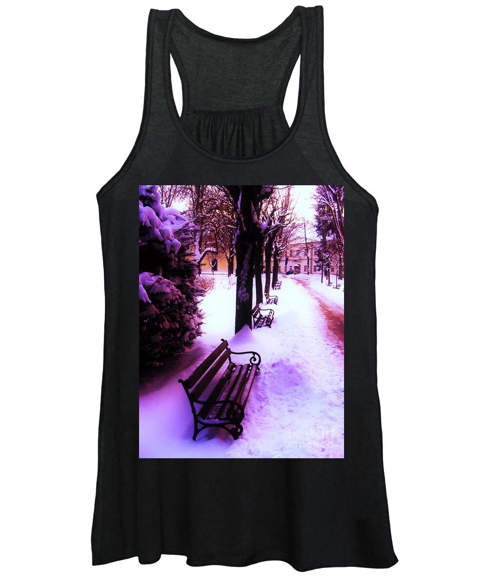 Winter Women's Tank Top featuring the photograph Park Benches In Snow by Nina Ficur Feenan