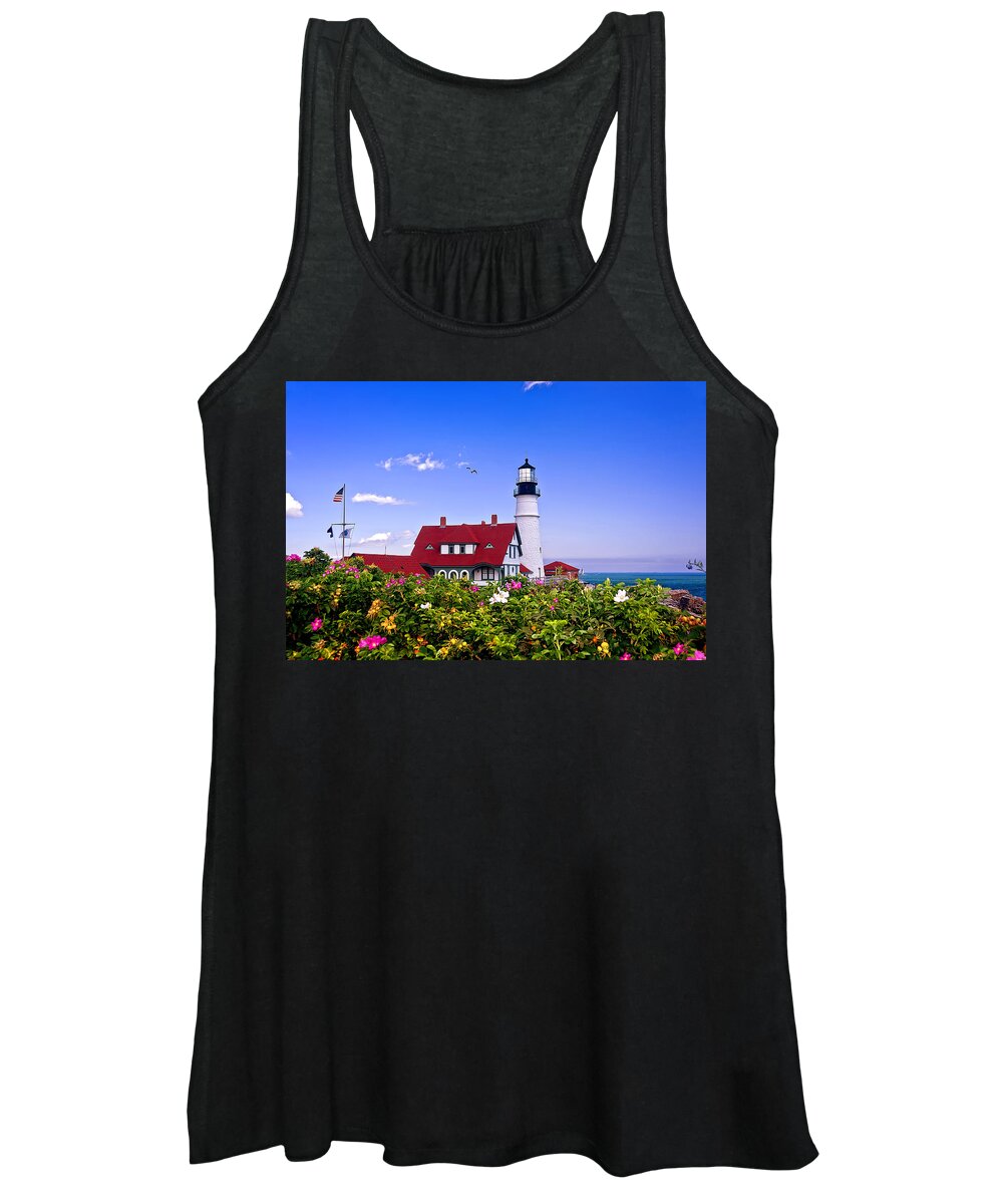 Maine Women's Tank Top featuring the photograph Portland Head Light and Roses by Mitchell R Grosky