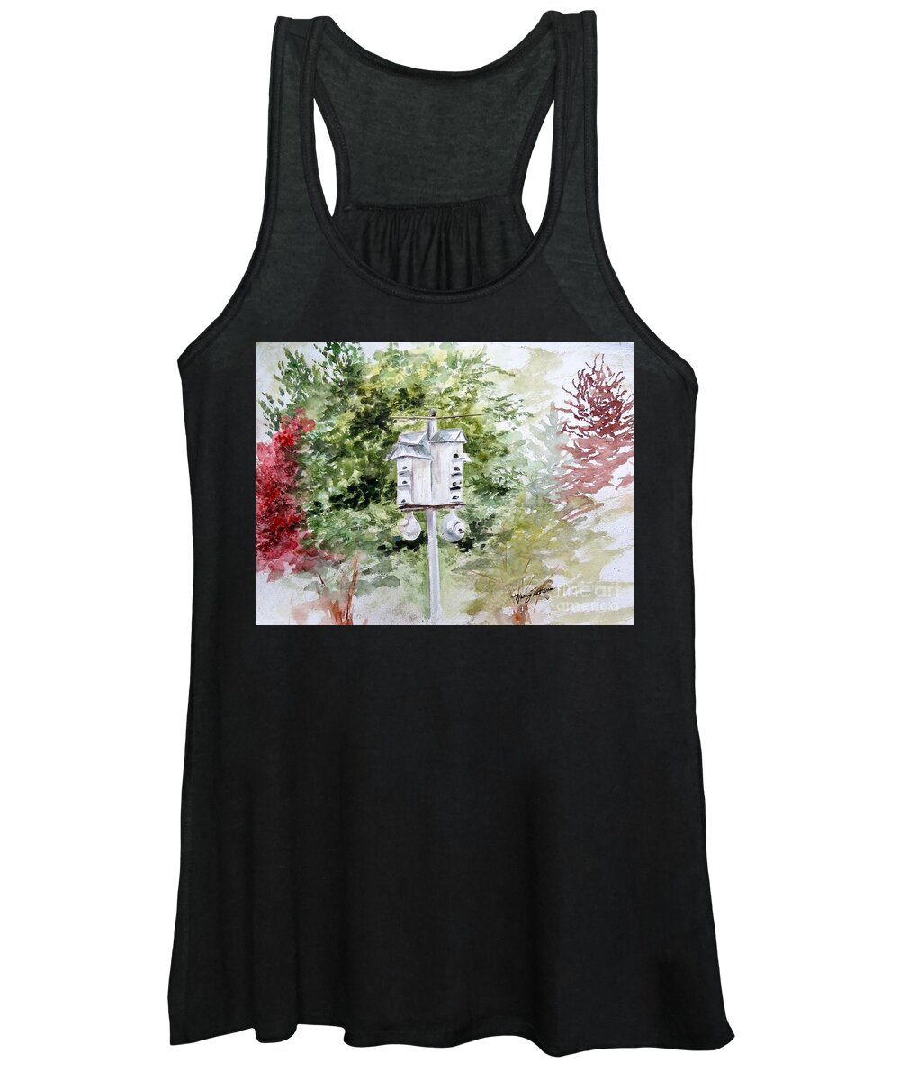 Purple Martin Bird House Women's Tank Top featuring the painting Purple Martin Townhouse by Nancy Patterson