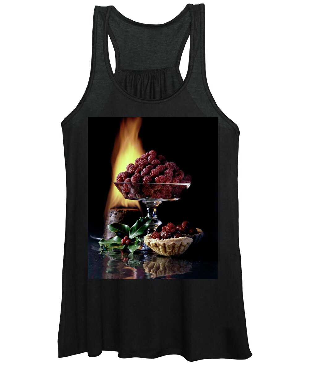 Food Women's Tank Top featuring the photograph Raspberries In A Glass Serving Dish With Tarts by Fotiades