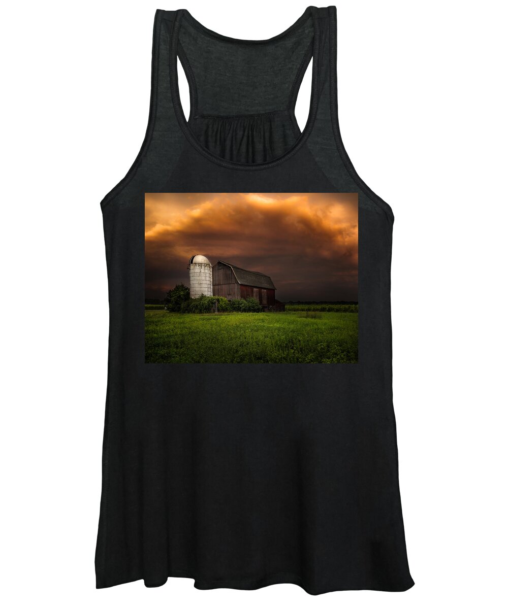 Red Barn Women's Tank Top featuring the photograph Red Barn Stormy Sky - Rustic Dreams by Gary Heller