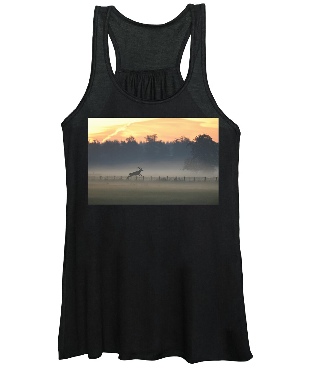 Ton Schenk Women's Tank Top featuring the photograph Red Deer Stag Jumping Fence by Ton Schenk