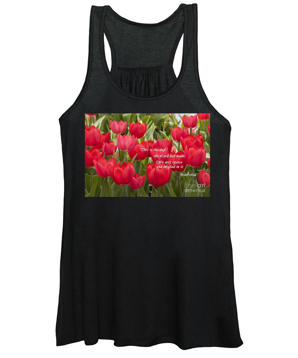 Red Women's Tank Top featuring the photograph Red Tulips with Scripture by Jill Lang