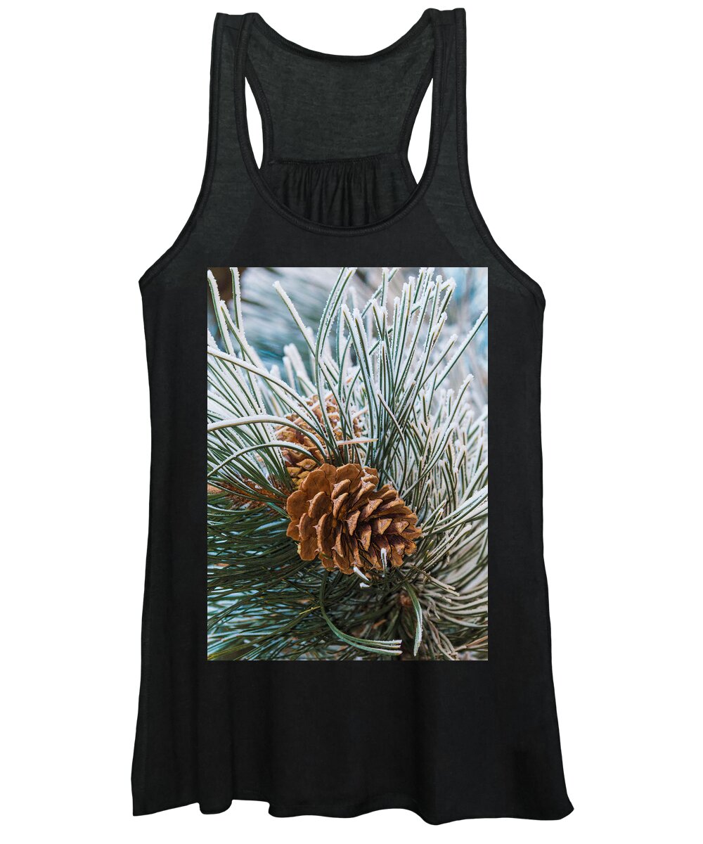 Christmas Women's Tank Top featuring the photograph Snowy Pine Cones by Dawn Key