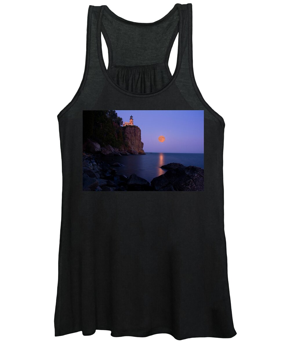 Split Rock Lighthouse Women's Tank Top featuring the photograph Split Rock Lighthouse - Full Moon by Wayne Moran