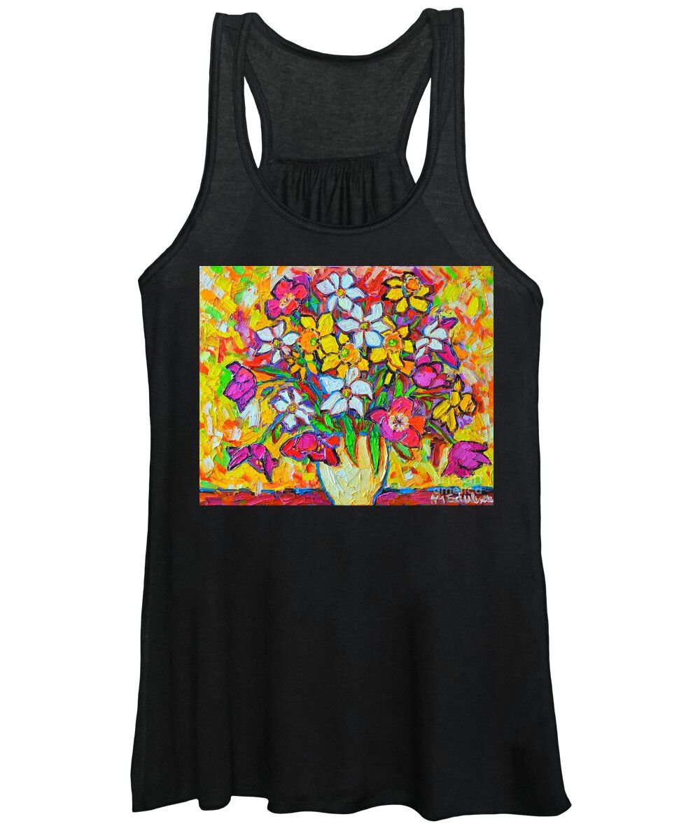 Daffodil Women's Tank Top featuring the painting Spring Flowers Bouquet Colorful Tulips And Daffodils by Ana Maria Edulescu