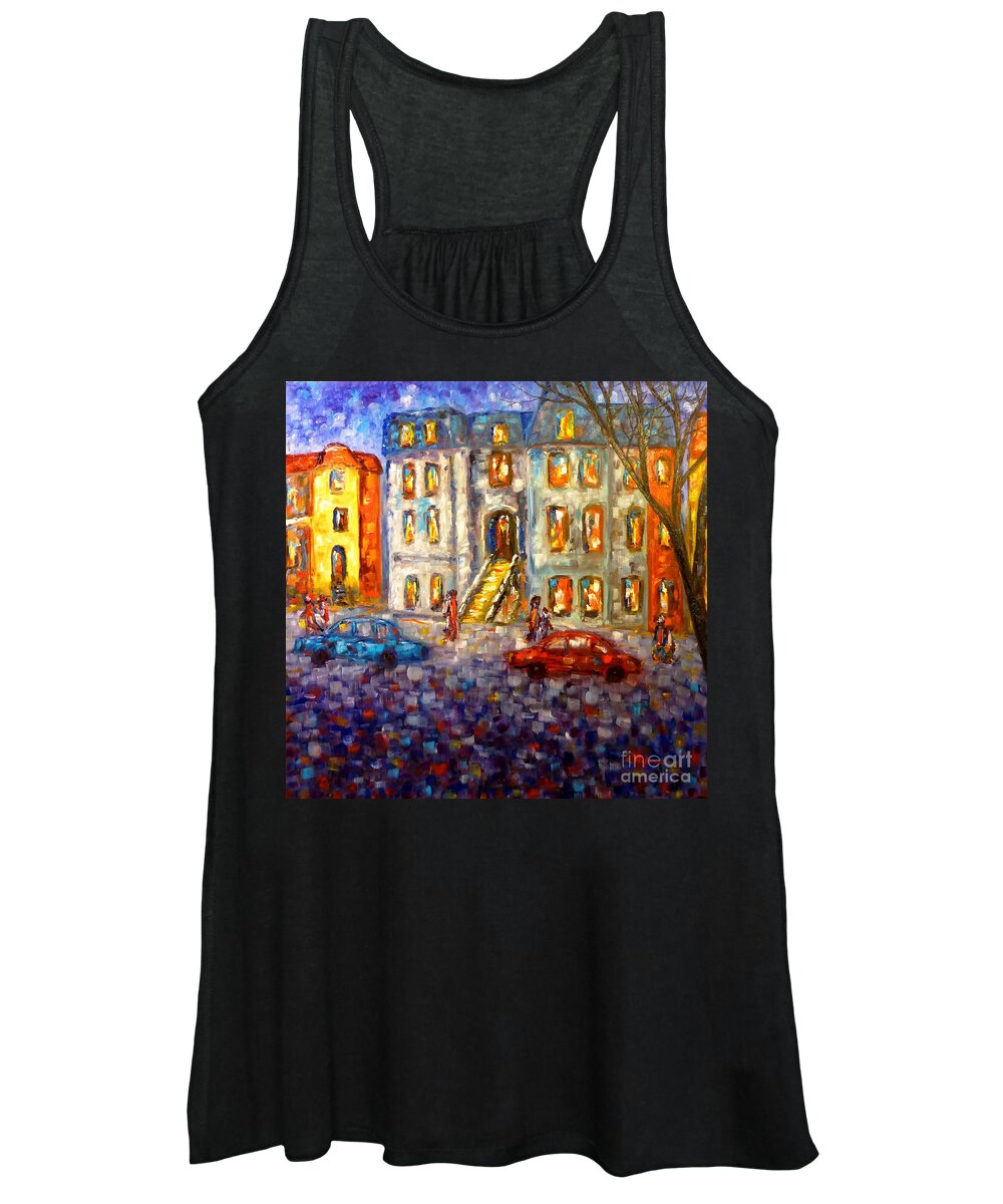 Painting Women's Tank Top featuring the painting Street in Montreal at Dusk by Cristina Stefan