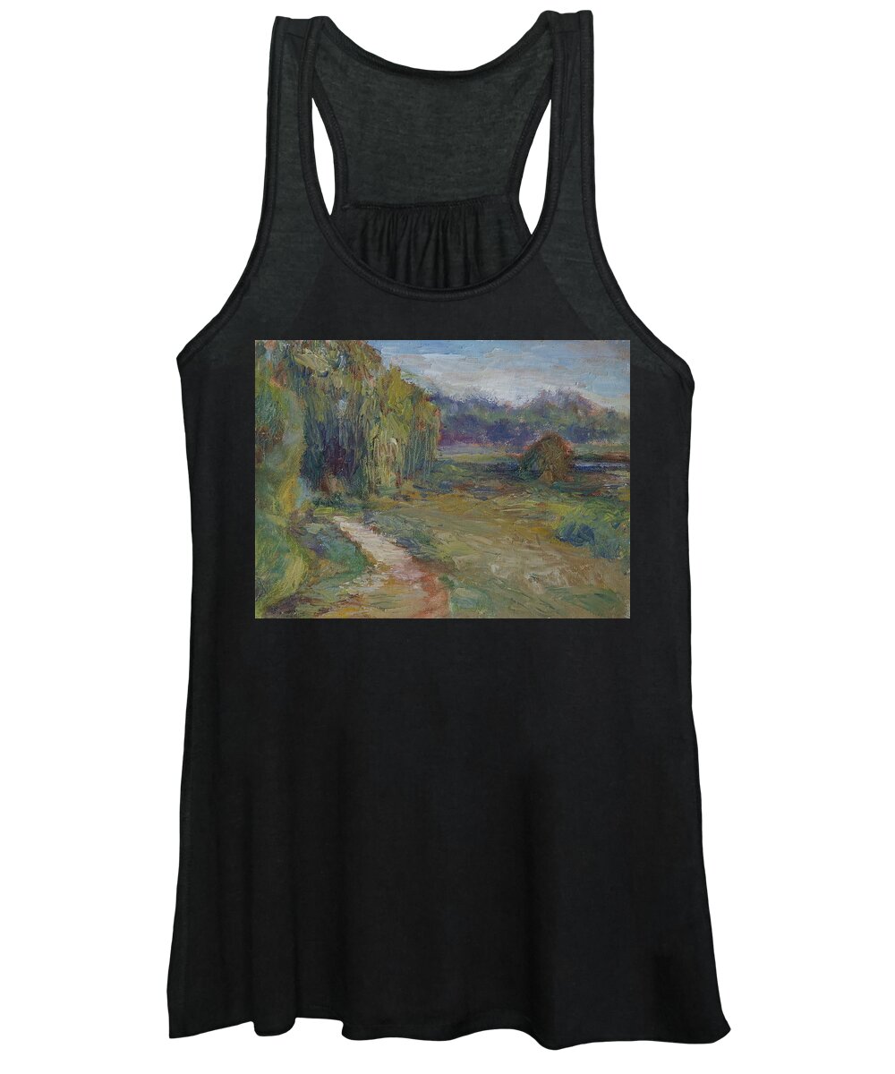Sky Women's Tank Top featuring the painting Sunny Morning in the Park -Wetlands - Original - Textural Palette Knife Painting by Quin Sweetman