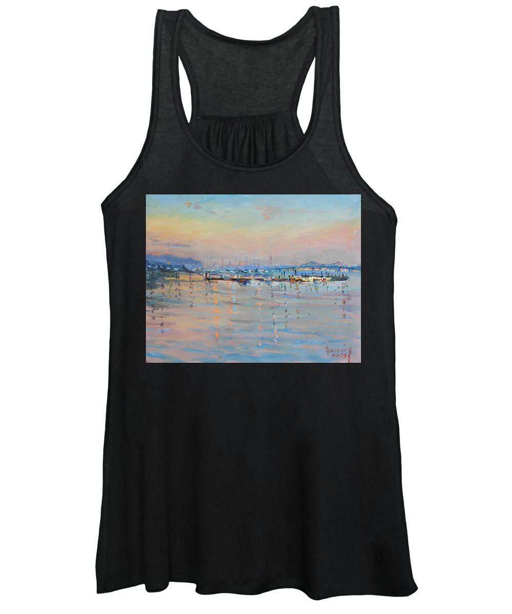 Seascape Women's Tank Top featuring the painting Sunset in Piermont Harbor NY by Ylli Haruni