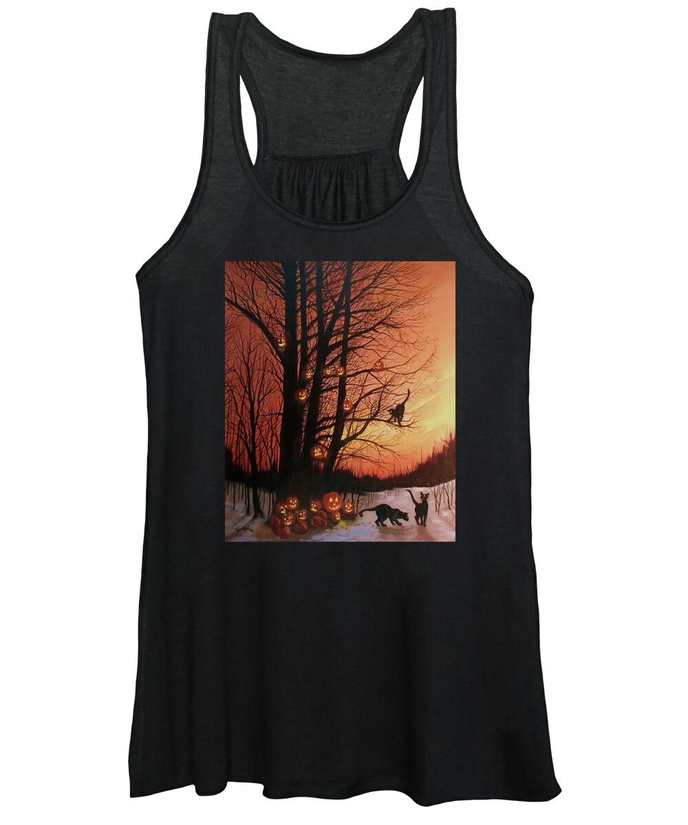 Black Cats Women's Tank Top featuring the painting The Pumpkin Tree by Tom Shropshire