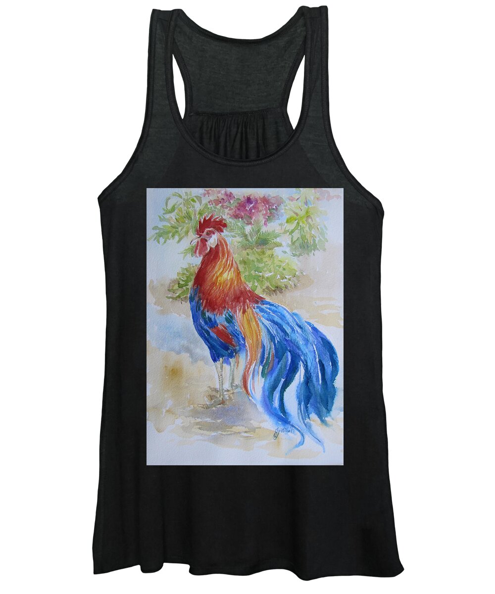 Rooster Women's Tank Top featuring the painting Long Tail Rooster by Jyotika Shroff