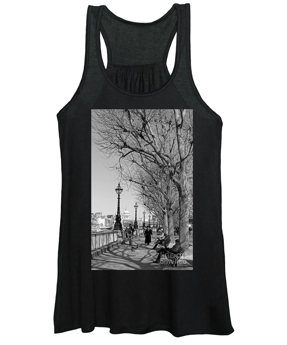 Saint Pauls London Thames City River Mono Black And White Boat Ferry South Bank Southbank Lampposts Trees Spring Women's Tank Top featuring the photograph The Southbank London UK by Julia Gavin