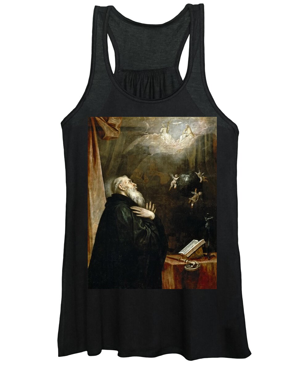 Alonso Cano Women's Tank Top featuring the painting The Vision of St. Benedict of the world and the three angels by Alonso Cano
