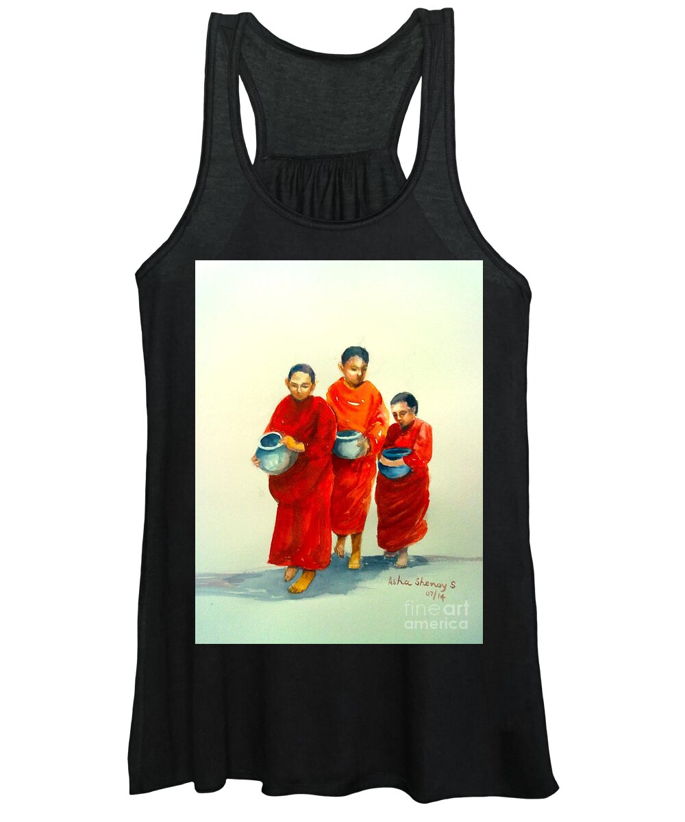 Monks Women's Tank Top featuring the painting The young monks by Asha Sudhaker Shenoy