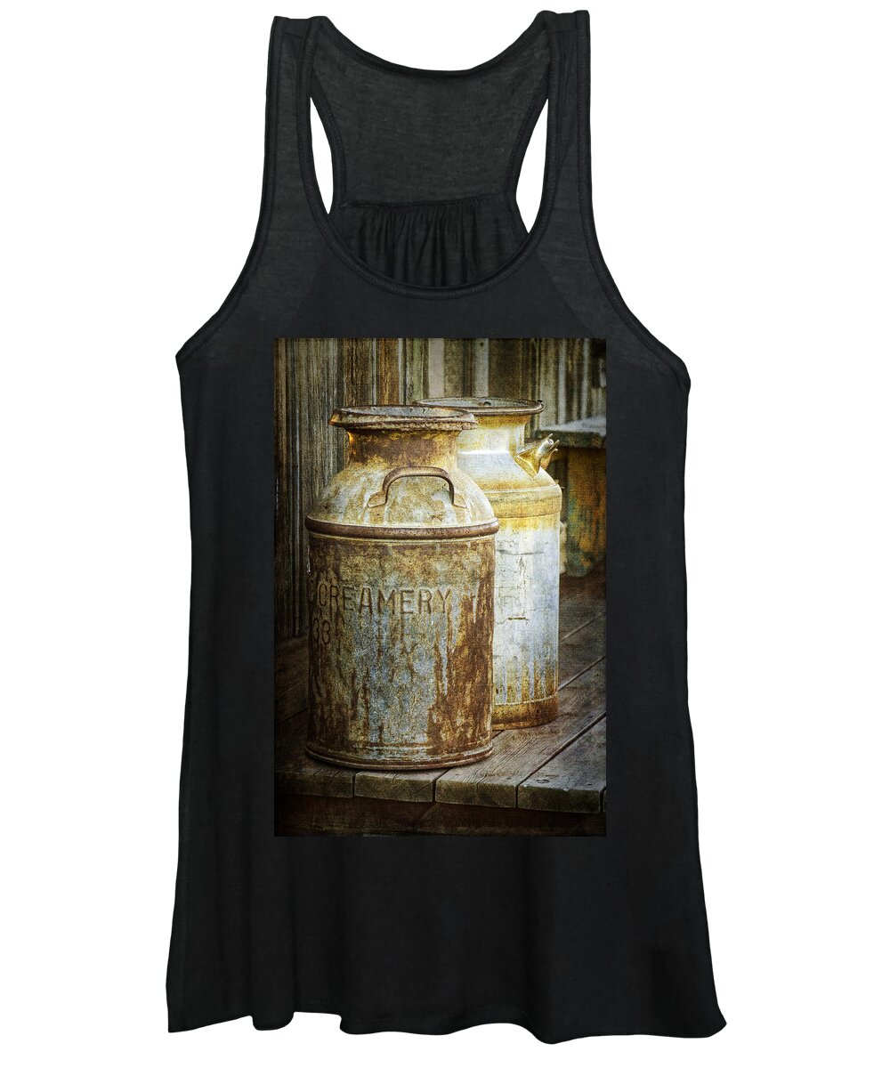 Creamery Can Women's Tank Top featuring the photograph Vintage Creamery Cans in 1880 Town in South Dakota by Randall Nyhof