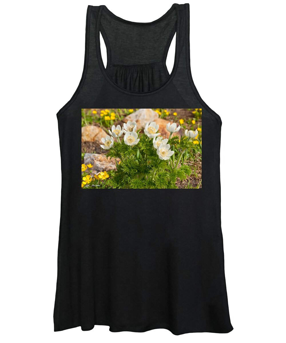 Beauty In Nature Women's Tank Top featuring the photograph Western Pasqueflower and Buttercups Blooming in a Meadow by Jeff Goulden