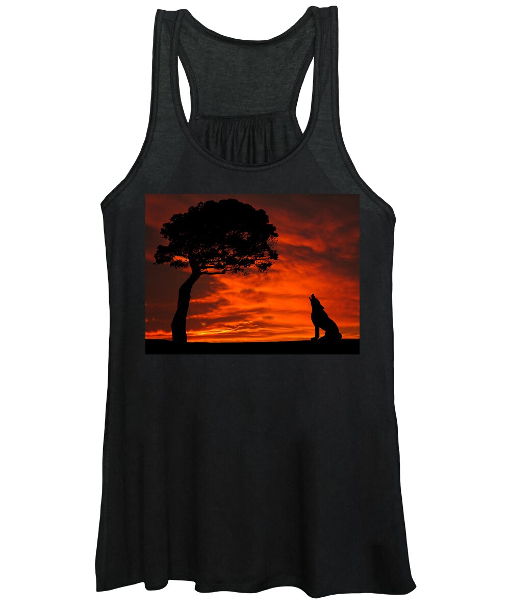 Wolf Women's Tank Top featuring the photograph Wolf Calling For Mate Sunset Silhouette Series by David Dehner