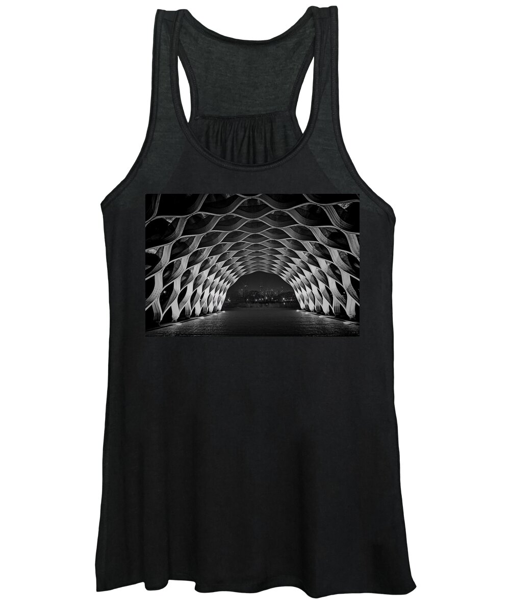 Wooden Arch Women's Tank Top featuring the photograph Wooden Archway with Chicago skyline in black and white by Sven Brogren