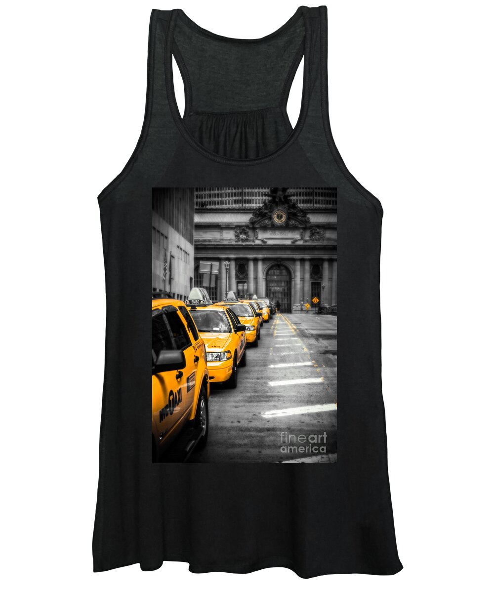 Nyc Women's Tank Top featuring the photograph Yellow Cabs waiting - Grand Central Terminal - bw o by Hannes Cmarits