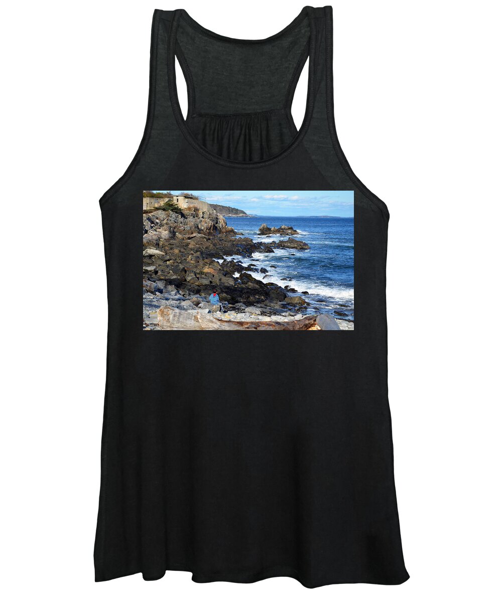 Outdoors Women's Tank Top featuring the photograph Boy on Shore Rocky Coast of Maine by Maureen E Ritter