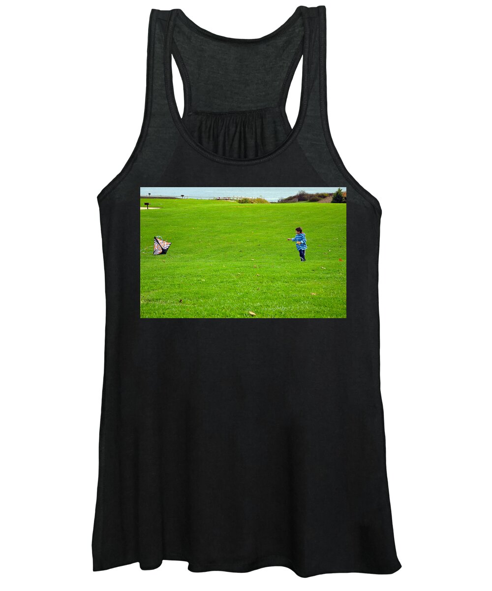 Kite Women's Tank Top featuring the photograph Boy With His Kite Maine by Maureen E Ritter