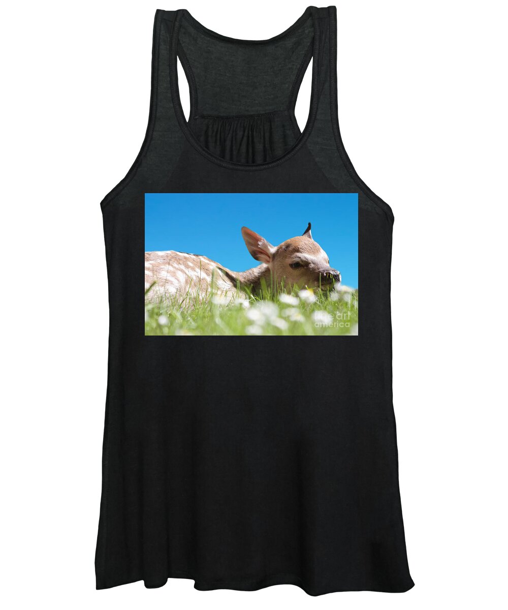 Animal Women's Tank Top featuring the photograph Fawn laying in field by Simon Bratt