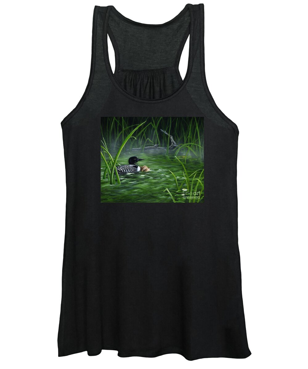 Loon Women's Tank Top featuring the painting Loon mom protecting baby by Sharon Molinaro