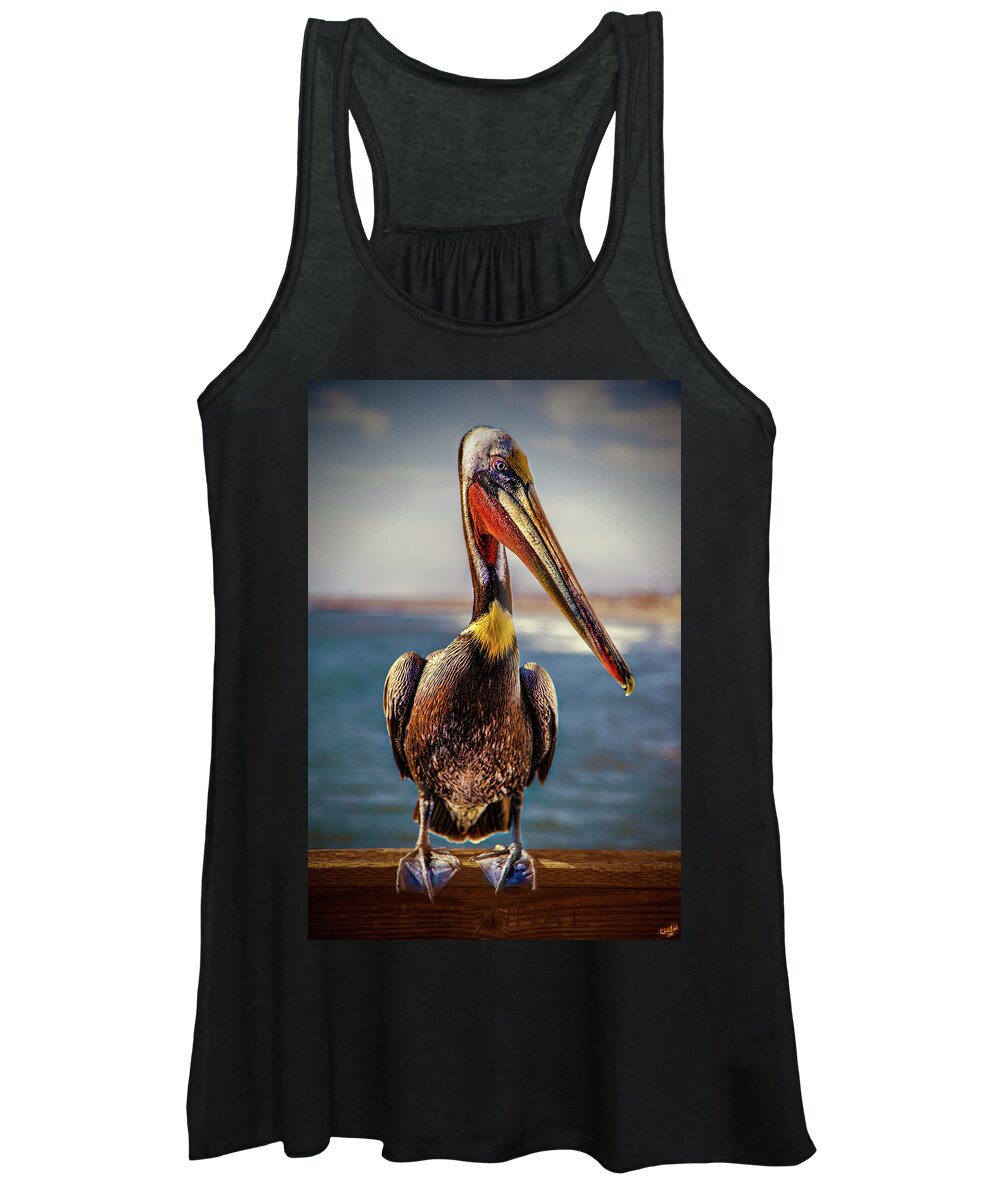 Pelican Women's Tank Top featuring the photograph Plump Peter Pelican's Pier Photo Pose by Chris Lord