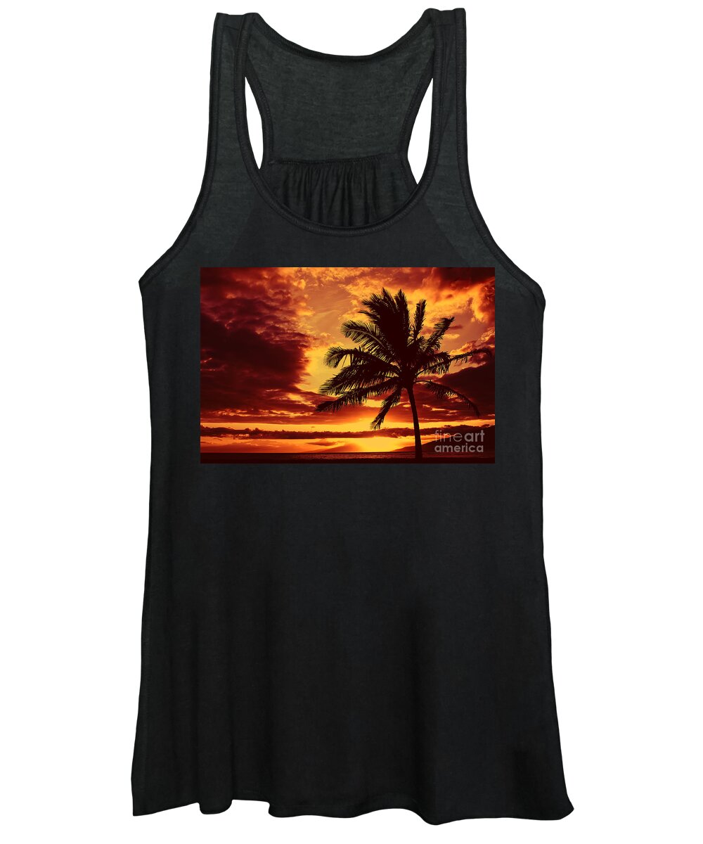 Palm Tree Women's Tank Top featuring the photograph Red Hawaiian Sunset by Teresa Zieba