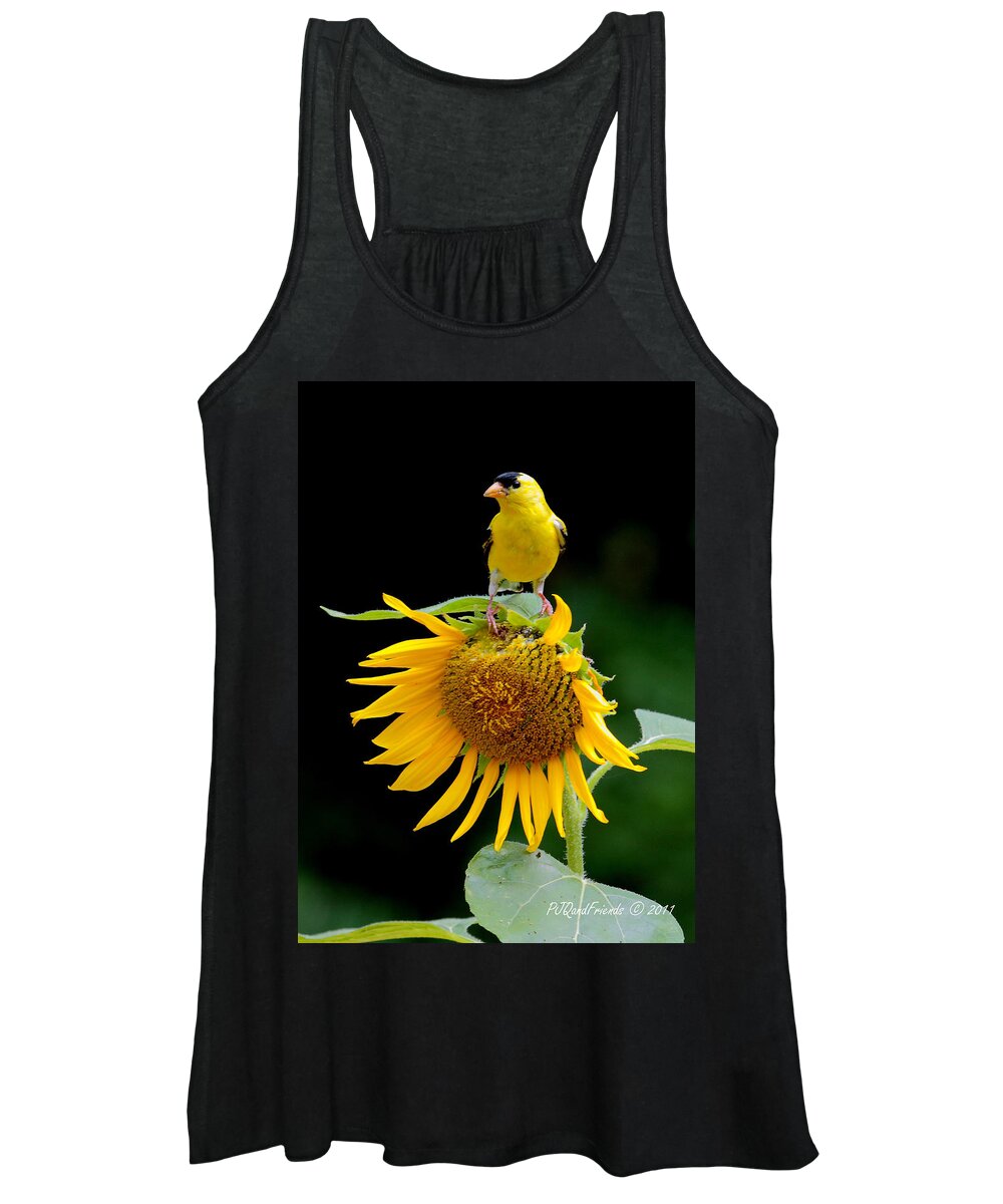  Women's Tank Top featuring the photograph 'Sunflower Meets Goldfinch' by PJQandFriends Photography