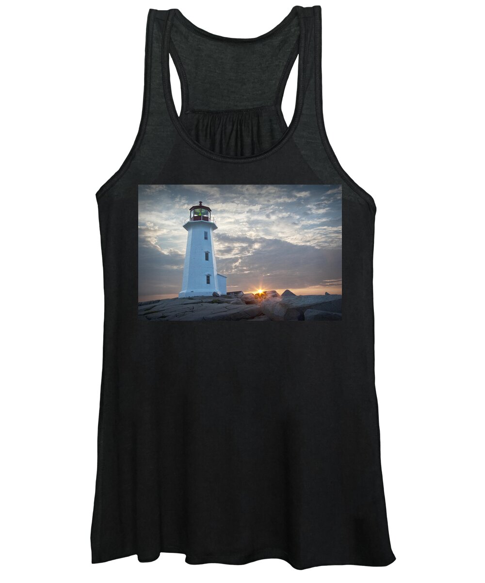Art Women's Tank Top featuring the photograph Sunrise at Peggys Cove Lighthouse in Nova Scotia Number 041 by Randall Nyhof