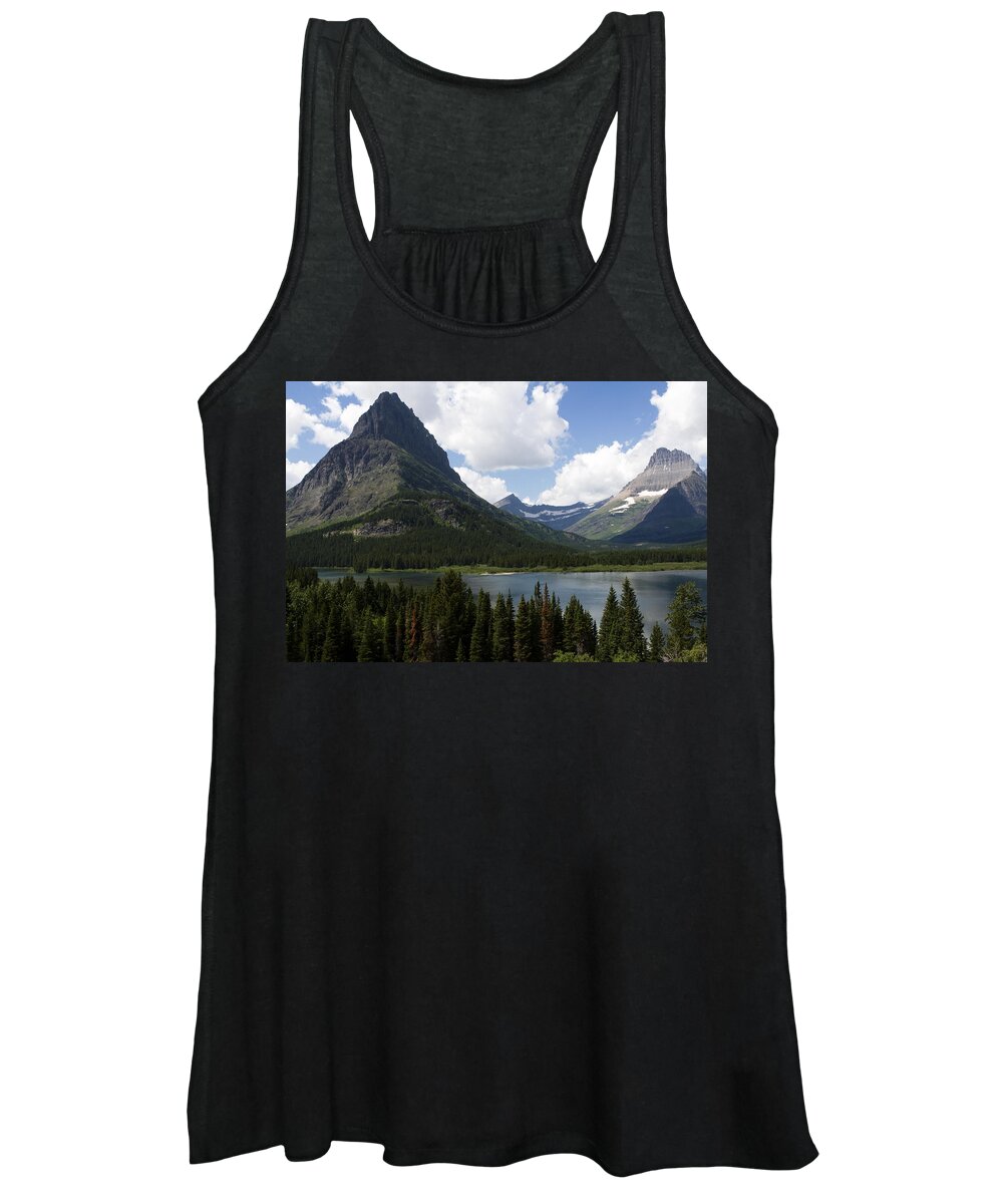 Swiftcurrent Lake Women's Tank Top featuring the photograph The Mountains of Many Glacier by Lorraine Devon Wilke