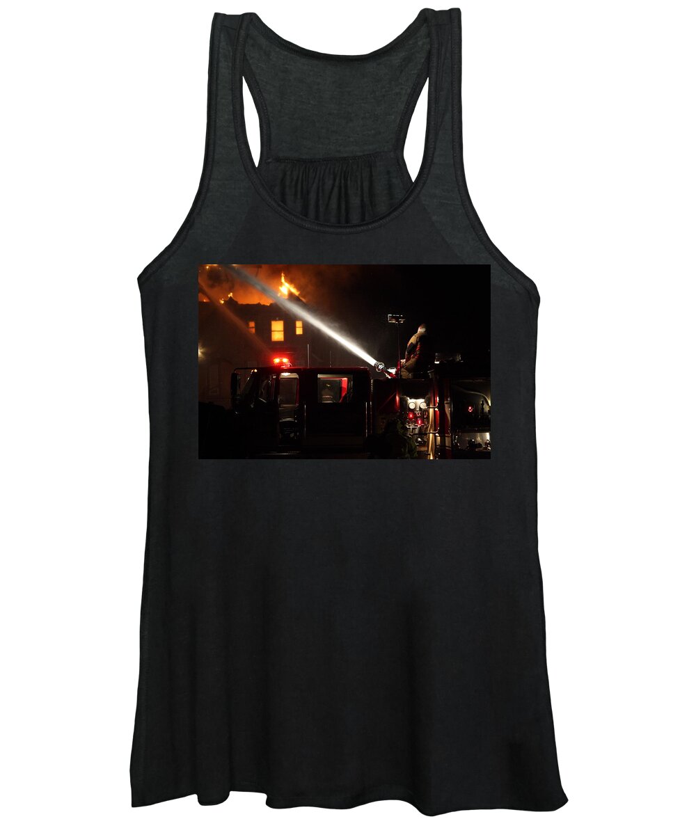 Fire Women's Tank Top featuring the photograph Water On The Fire From Pumper Truck by Daniel Reed