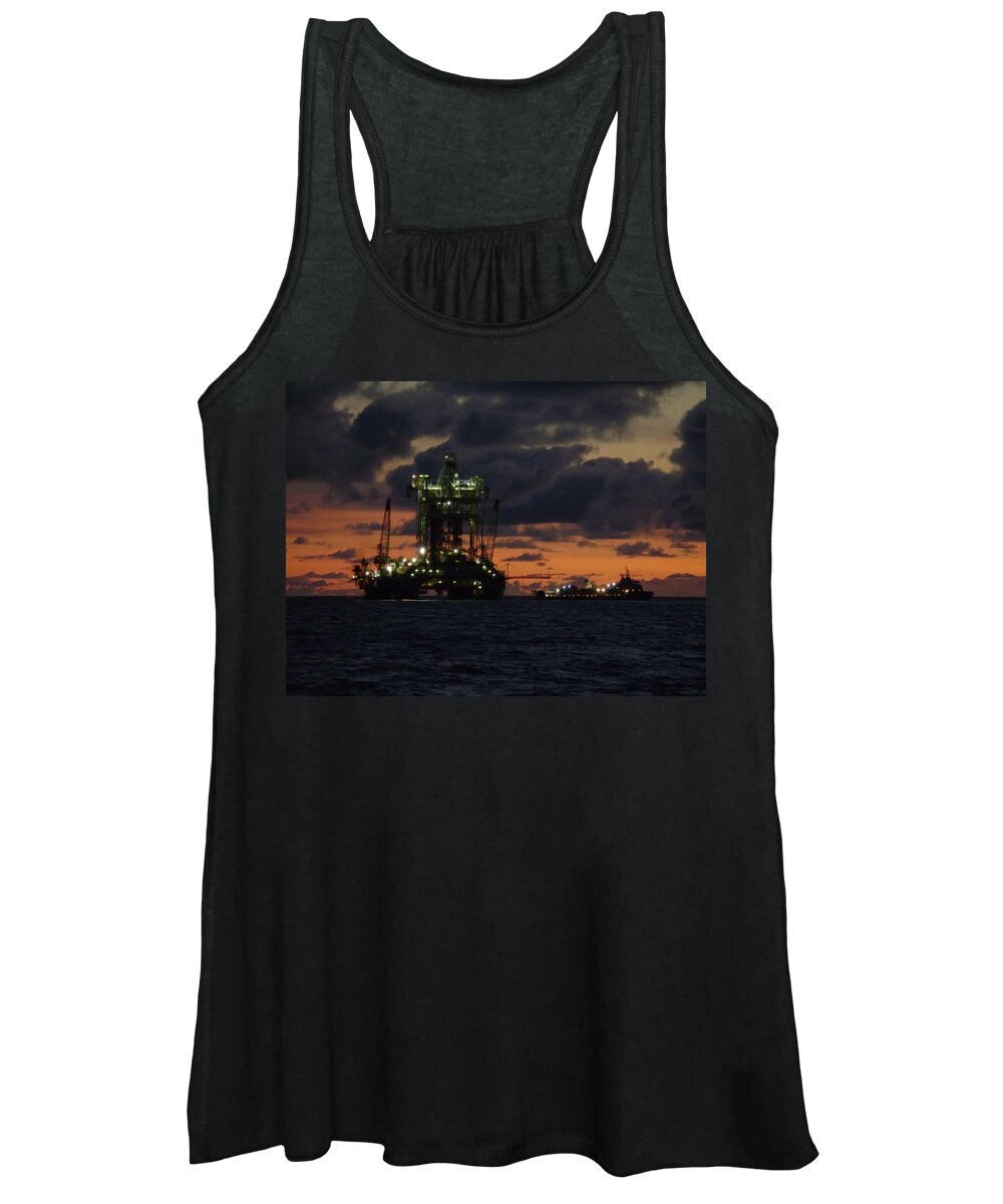 Off Shore Women's Tank Top featuring the photograph Drill Rig at Dusk by Charles and Melisa Morrison