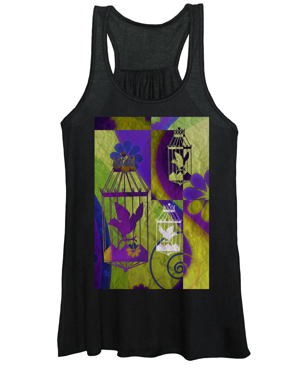 Silhouette Women's Tank Top featuring the mixed media 3 Caged Birds by Angelina Tamez