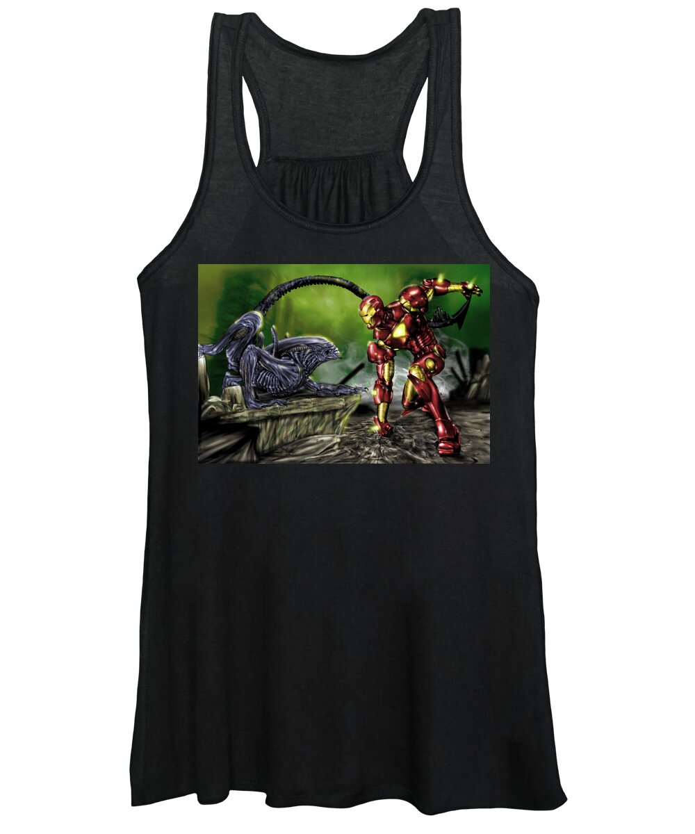 Alien Women's Tank Top featuring the painting Alien vs Iron Man by Pete Tapang