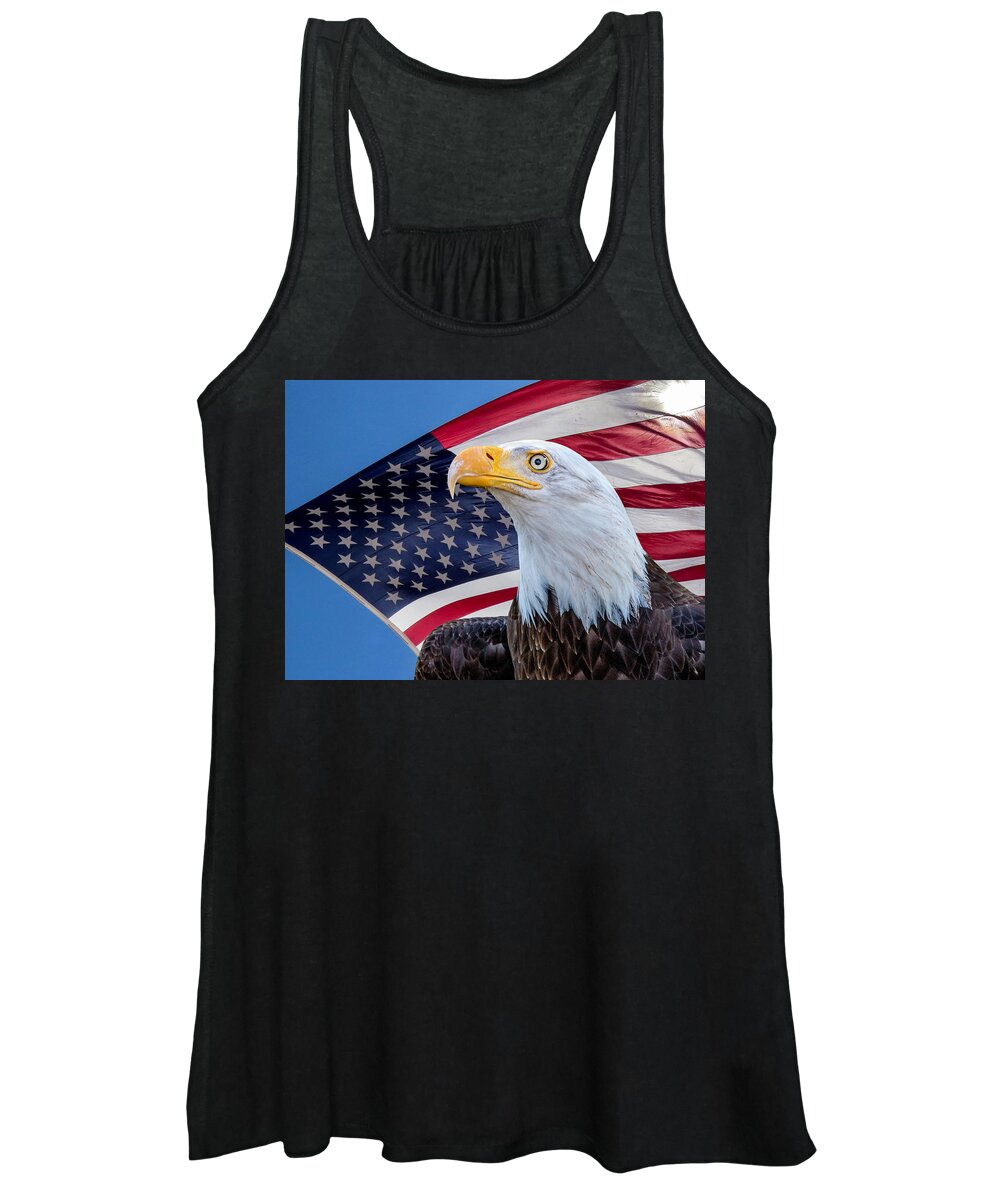 America Women's Tank Top featuring the photograph Bald Eagle and American Flag by Dawn Key