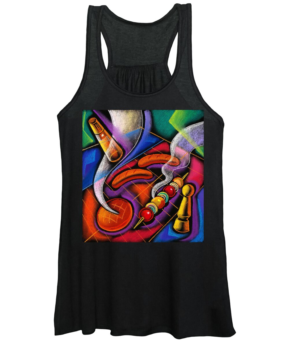 Barbecue Barbecue Grill Barbeque Bbq Close-up Colour Day Food And Drink Grilled Heat Illustration And Painting Nobody Outdoors Sausage Sausages Summer Vertical Decorative Art Abstract Painting Women's Tank Top featuring the painting Barbecue by Leon Zernitsky