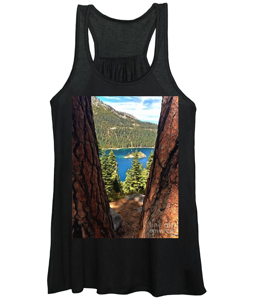 Lake Tahoe Women's Tank Top featuring the photograph Between The Pines by Krissy Katsimbras