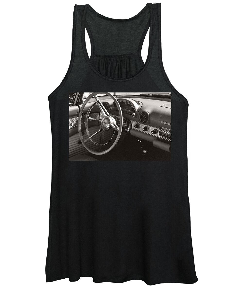 Black Women's Tank Top featuring the photograph Black and White Thunderbird Steering Wheel and Dash by Heather Kirk