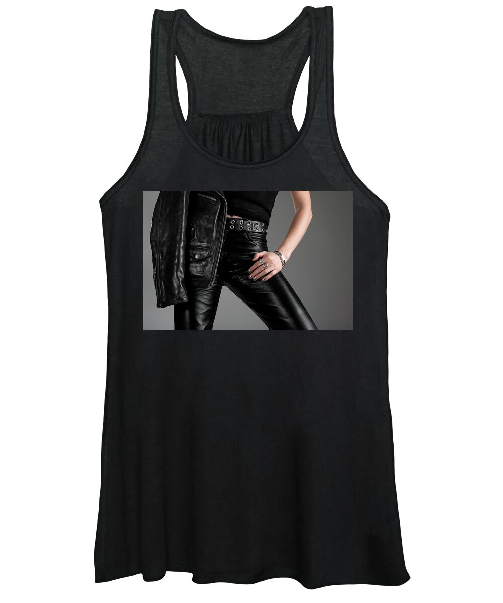 Girl Women's Tank Top featuring the photograph Black leather pants and jacket by GoodMood Art