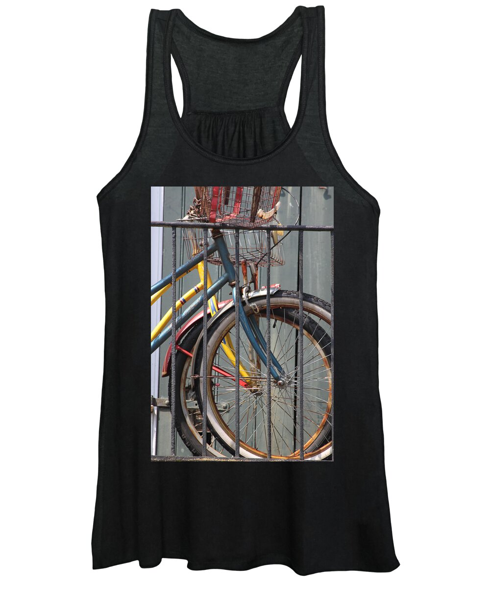 Bike Women's Tank Top featuring the photograph Blue and Yellow Bikes by Lauri Novak